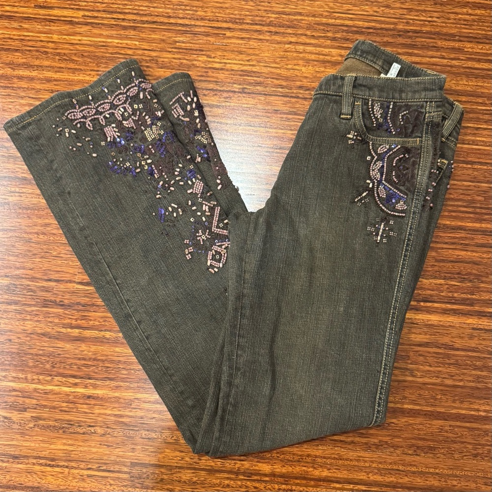Y2K Luisa Cerano Bead Embellished Flare Leg Jeans Low Waist Hippie Boho 28x32